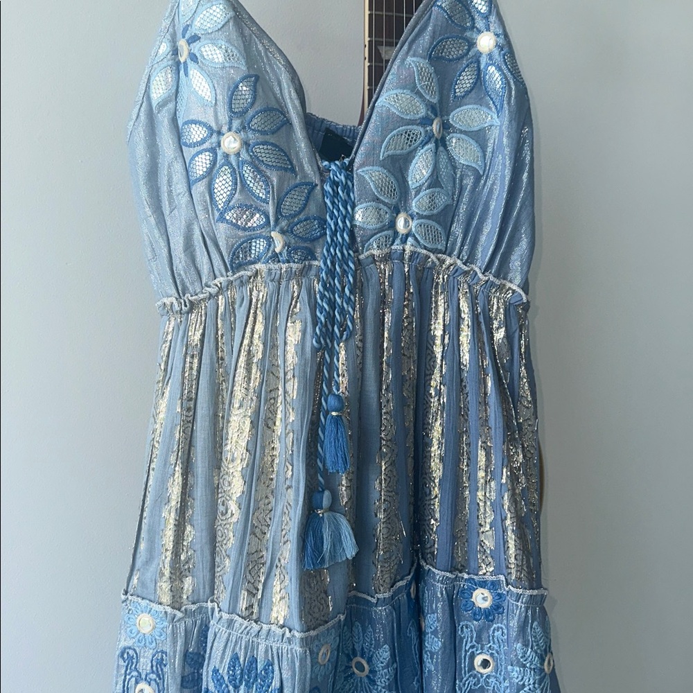 Blue and Silver Floral Summer Dress Boho Chic